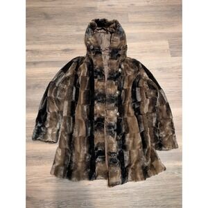 Hal Rubenstein Coat Womens Small Brown Patchwork Reversible Faux Fur‎ Hooded